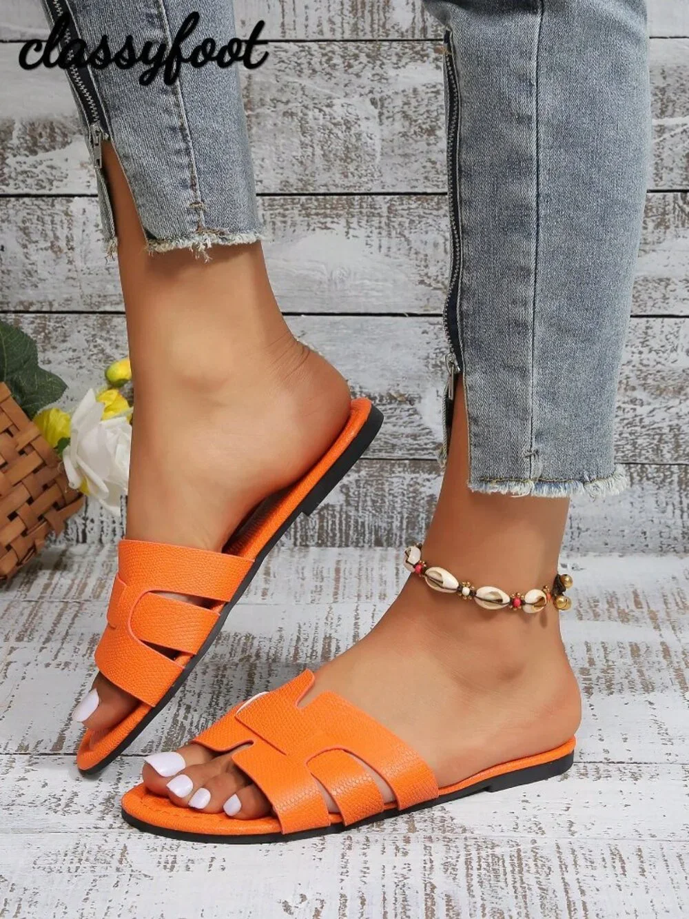 Orange Beach Women's Snake Skin Pattern Flat Sandals